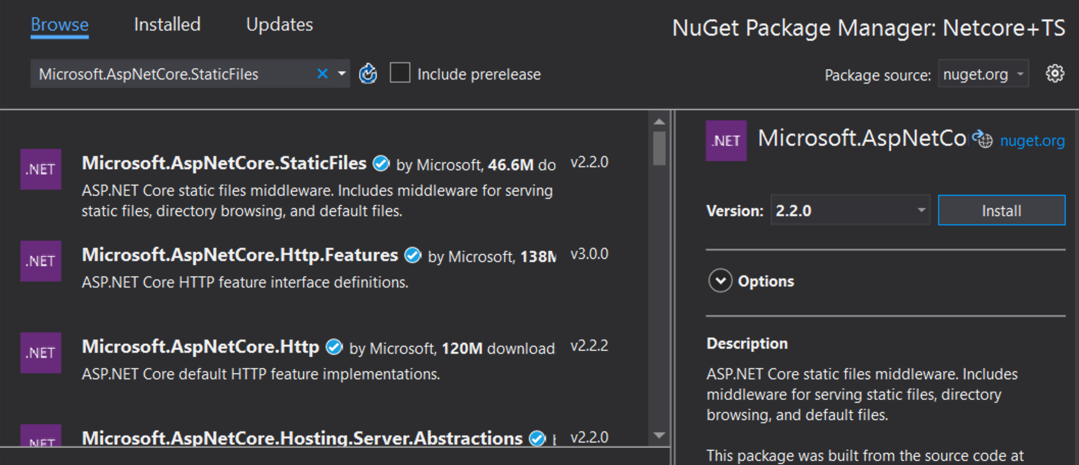 The Visual Studio search for Nuget