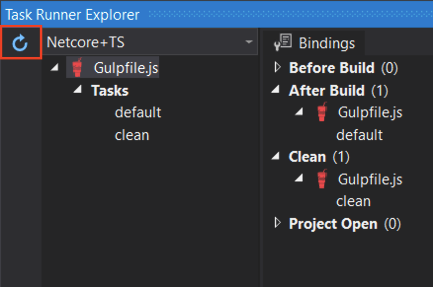 Screenshot of task explorer with "Gulpfile.js" in it