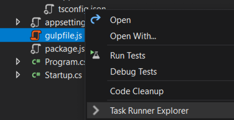 Screenshot of right clicking on the "Gulpfile.js" with 'Task Runner Exploere' selected